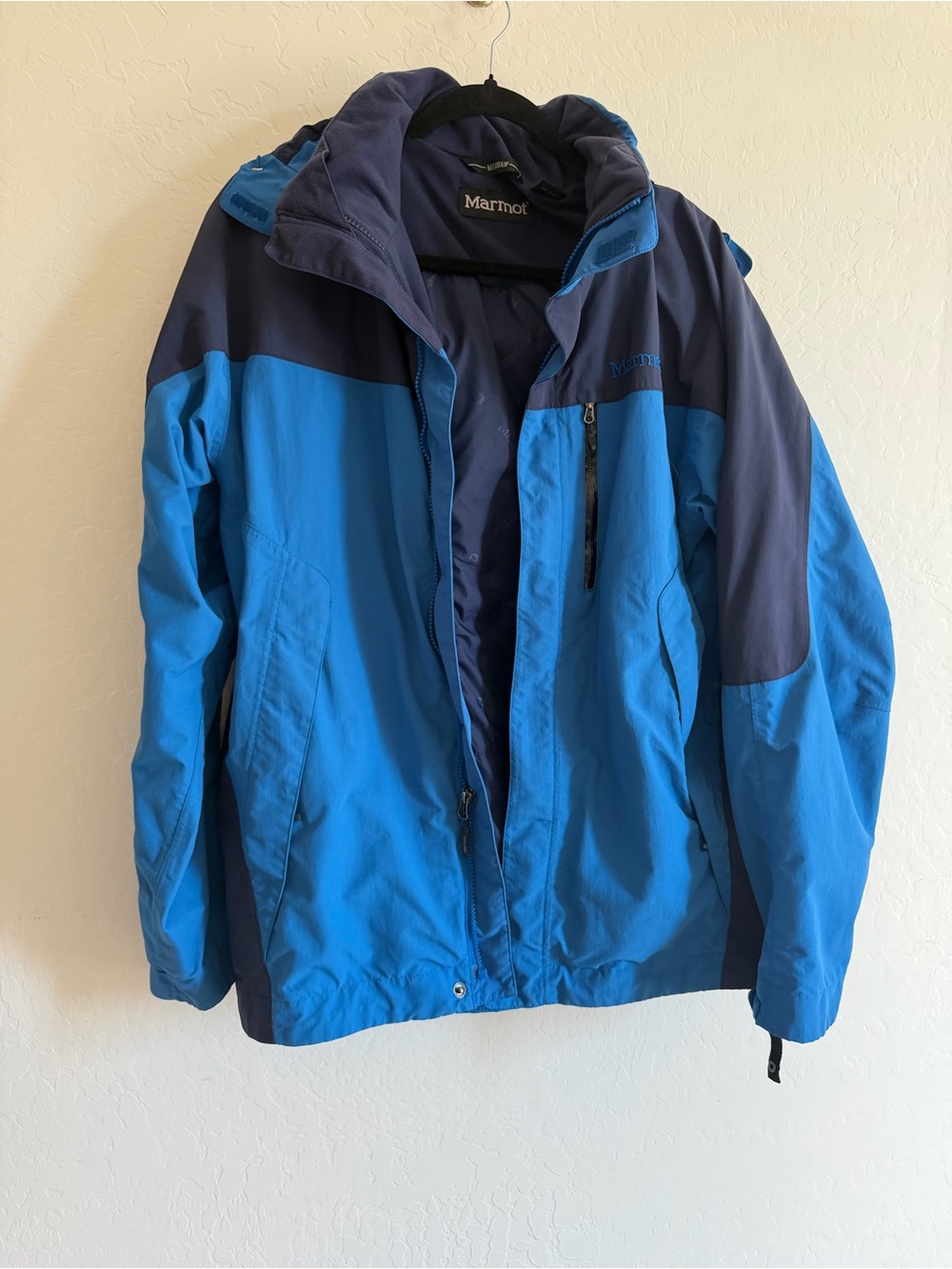 Marmot Blue Two-Tone Hooded Double Zip Waterproof Rain Shell Jacket Outdoor M